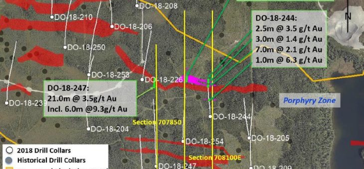 Maple Gold durchteuft mehrere mineralisierte Zonen im östlich-zentralen Bereich des Ressourcengebiets, darunter 21 m mit 3,49 g/t Au und 27,5 m mit 1,25 g/t Au