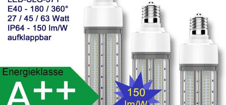 Erste HiPower LED-Lampe universell verwendbar für Laternen, Polder und Kragarmleuchten mit 360° oder aufgeklappt 180° Lichtwinkel