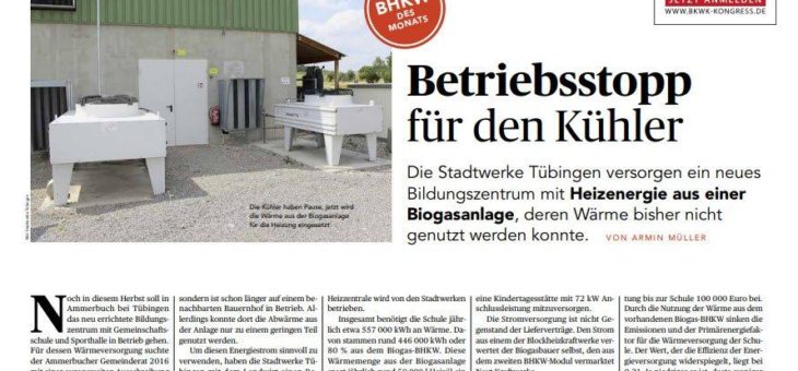 Biogasanlage der Stadtwerke Tübingen wird zum BHKW des Monats Oktober gekürt