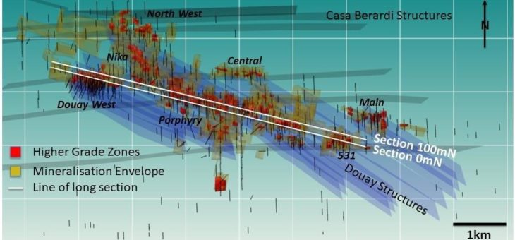 Neues geologisches 3D-Modell hebt mehrere höhergradig vererzte Zonen hervor, die auf dem Projekt Douay nicht bis in größere Tiefe getestet wurden