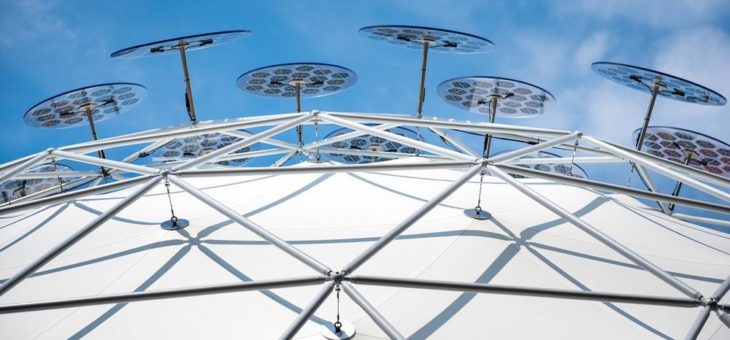 Gedruckte Organische Photovoltaik: OPV Solar-Schirme spenden Energie auf der Außenhaut des Thüringer Klima-Pavillons