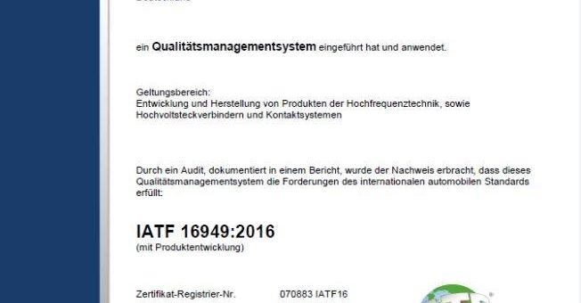 Rosenberger nach neuem Standard IATF 16949:2016 zertifiziert