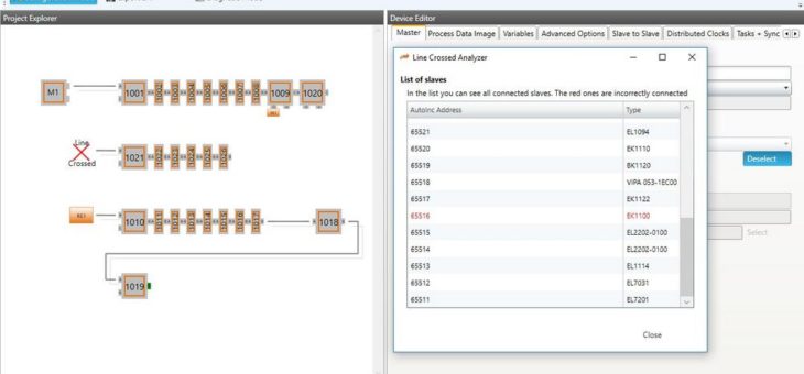 Neuerungen in der Crossed Line Erkennung, komfortable Änderungen an der Netzwerk-Topologie und bei Nutzung des Protokolls Ethernet over EtherCAT (EoE)