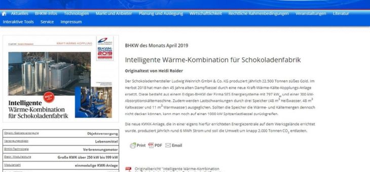 KWKK-Anlage bei einem Schokoladen-Hersteller wird zum BHKW des Monats