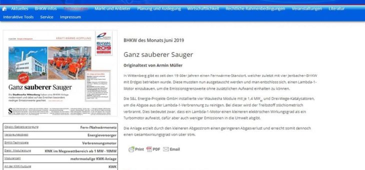 Modernisierte BHKW-Anlage der Stadtwerke Wittenberg wird zum BHKW des Monats Juni gekürt