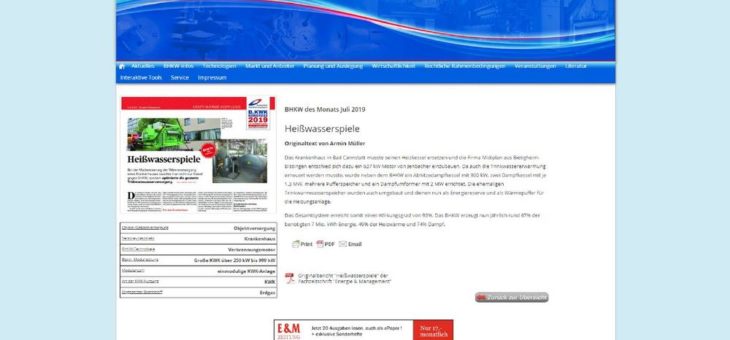 Neues BHKW eines Krankenhauses in Bad Cannstatt wird zum BHKW des Monats Juli gekürt