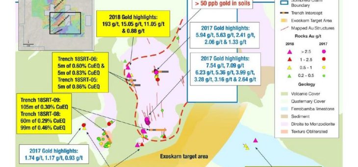 Auryn meldet Schürfgräben über 99 Meter mit 0,46 % Kupferäquivalent und Proben mit bis zu 193 g/t Gold in hochgradigen Strukturen von Sombrero