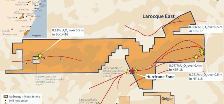 IsoEnergie liefert Schnittpunkte mit 7,1% U3O8 über 5,5m, einschließlich 24,0% U3O8 über 1,5m im ersten Bohrloch auf Hurricane