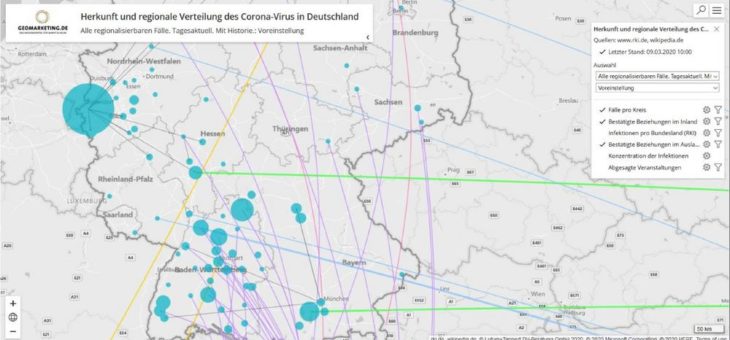 Herkunft und regionale Verbreitung des Corona-Virus in Deutschland auf digitaler Landkarte abrufbar auf geomarketing.de