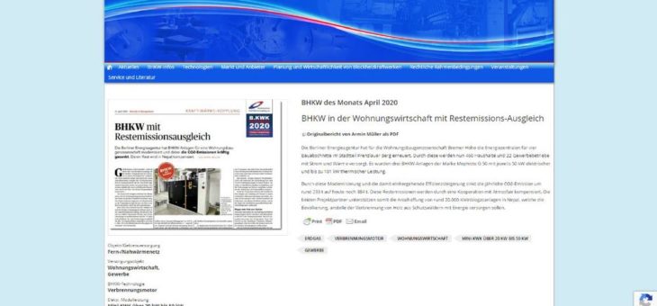Ein BHKW mit Restemissionsausgleich wird zum BHKW des Monats April gekürt