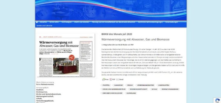 Ein Wärmeversorgungsprojekt mit Abwasser, Gas und Biomasse wird zum BHKW des Monats Juli gekürt