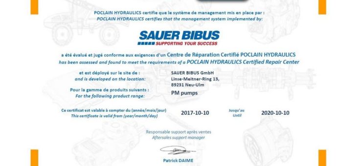 Noch engere Partnerschaft besiegelt: SAUER BIBUS von Poclain Hydraulics als Certified Repair Center für PM Pumpen zertifiziert