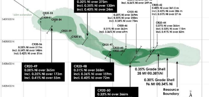 Vier Infill-Bohrungen dehnen den höhergradigen Kern in Canada Nickels Nickel-Cobalt-Palladium-Projekt Crawford weiter aus