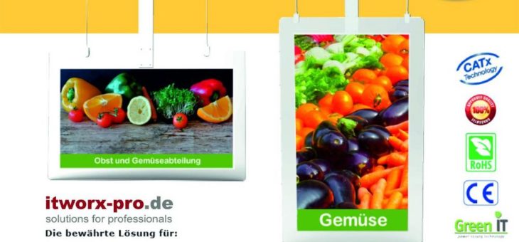 Digital Signage: itworx-pro GmbH ergänzt Portfolio mit digitalen Deckenhänger von LionDATA als Werbe- und Informations-Systeme