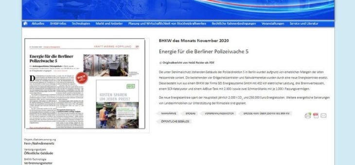 Neue Energiezentrale für die Berliner Polizeiwache für zum BHKW des Monats November gekürt