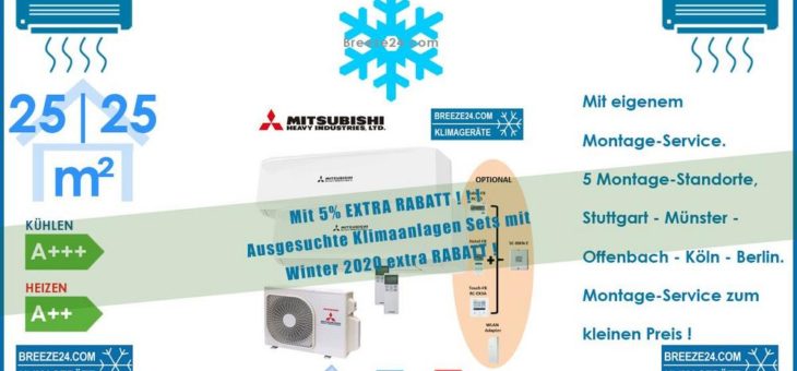 Mitsubishi Heavy Klimaanlage Wandgerät Set 2 x SRK 25 ZS-W + Außengerät SCM 40 ZS-W 2,5 kW R32 Set für 2 Zimmer mit je 25 | 25 m²