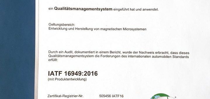Sensitec erhält Automotive IATF16949-Zertifizierung aufrecht