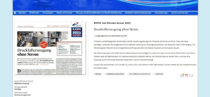 Druckluftheizkraftwerke werden zum BHKW des Monats Januar gekürt