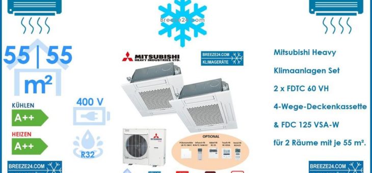 Mitsubishi Heavy Klimaanlagen Set 2 x FDTC 60 VH  4-Wege-Deckenkassette & FDC 125 VSA-W für 2 Räume mit je 55 m²