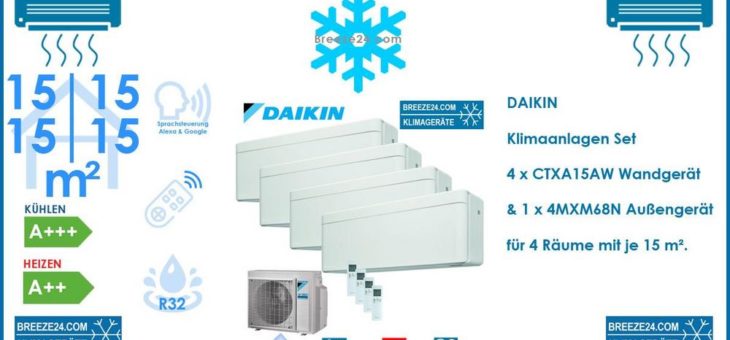 Daikin Klimaanlagen Set 4 x Wandgeräte Stylish CTXA15AW + 4MXM68N R32 für 4 Räume mit je 15 m²