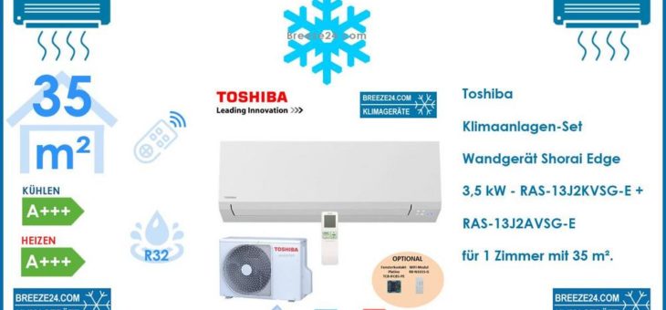 Toshiba Klimaanlage Wandgerät Shorai Edge 3,5 kW – RAS-13J2KVSG-E + RAS-13J2AVSG-E R32 für 1 Zimmer mit 35 m²
