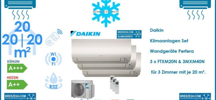 Daikin Klimaanlagen Set Wandgeräte Perfera 2,0 kW 3 x FTXM20N + 3MXM40N R32 für 3 Zimmer mit je 20 m²