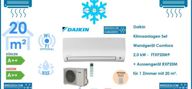 Daikin Klimaanlagen Set Wandgerät Comfora 2,0 kW – FTXP20M9 + RXP20M R32 für 1 Zimmer mit 20 m²