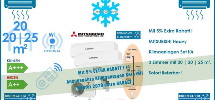 Mitsubishi Heavy Klimaanlagen Set 2 x SRK20ZS-W + SRK25ZS-W + Außengerät SCM50ZS-W R32 für 3 Zimmer mit 20 | 20 | 25 m²