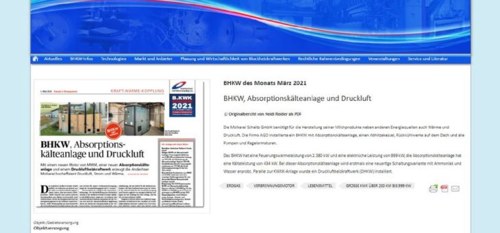 Ein BHKW mit Absorptionskälteanlage und Druckluft wird zum BHKW des Monats März gekürt