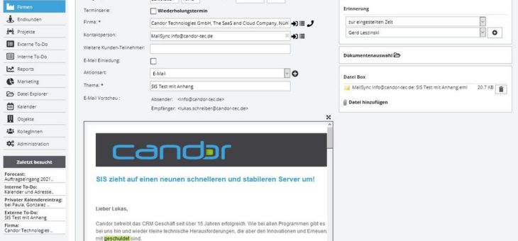 SalesInformationSystem SIS von Candor Technologies jetzt mit neuen E-Mail-Funktionalitäten