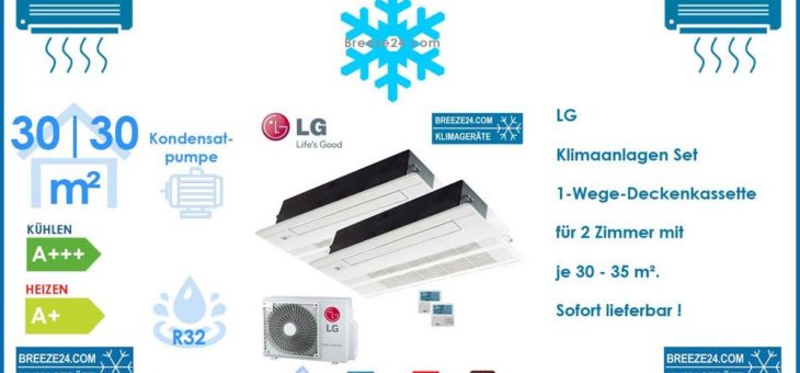 LG Klimaanlage 1-Wege-Deckenkassette MT09R NU1 mit Blende + MU2R15 ULO R32 für 2 Räume mit je 30 – 35 m²