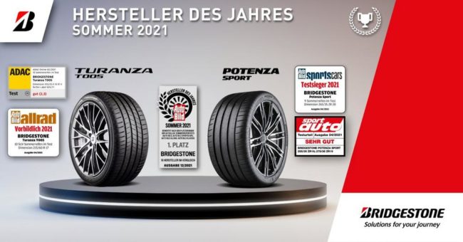 „Hersteller des Jahres Sommer 2021“: Bridgestone erzielt Top-Platzierungen bei europäischen Sommerreifentests