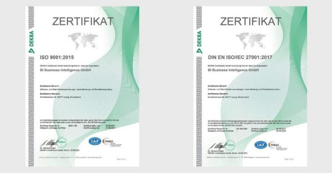 BI Business Intelligence GmbH erfolgreich zertifiziert nach ISO 9001:2015 und DIN EN ISO/IEC 27001:2017