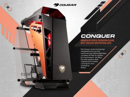 Aktuell bei Caseking – Das innovative Design-Gehäuse Conquer von Cougar mit futuristischem Look und Hartglas-Panels