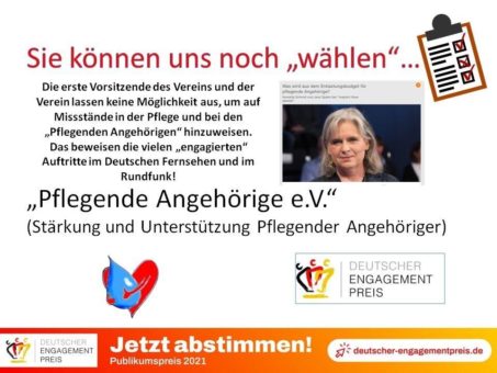 Chance auf Deutschen Engagementpreis:  Noch bis 20.10.2021 für Pflegende Angehörige e.V. (Stärkung und Unterstützung Pflegender Angehöriger) abstimmen!