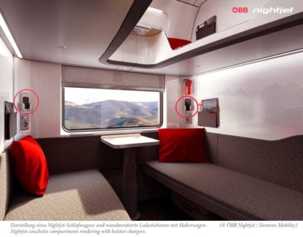 Der neue Nightjet der ÖBB ist der erste Nachtreisezug weltweit, der kabellose EAO Passenger Interface Ladegeräte für Mobiltelefone verwendet