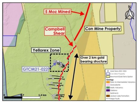 Gold Terra durchschneidet zwei hochgradige Zonen bei Yellorex mit 19.74 g/t Gold über 5,44 Meter und 10,12 g/t Gold über 3,73 Meter in der Campbell Shearstruktur auf dem Con Mine Property Option in NWT
