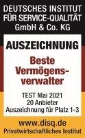 DISQ-Studie Vermögensverwalter 2021: Note „Sehr gut“ – VZ erreicht ausgezeichnete Platzierung für Qualität der Beratung