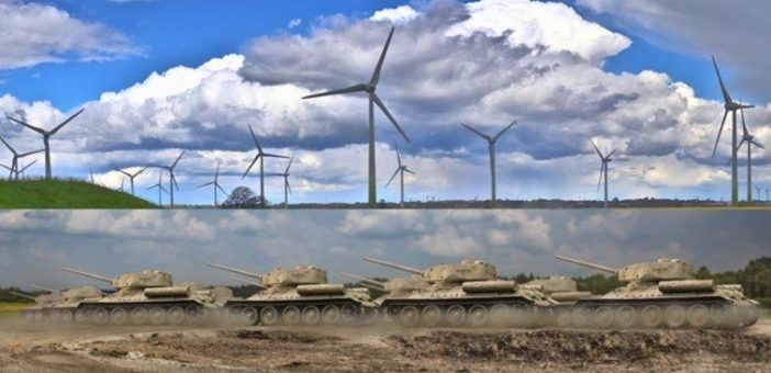 Die Errichtung von Windparks ist alles andere als umweltfreundlich. 10 Windräder benötigen den Stahl von 13 Panzern und noch einiges mehr.