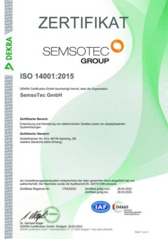 SemsoTec zertifiziert nach ISO 14001:2015