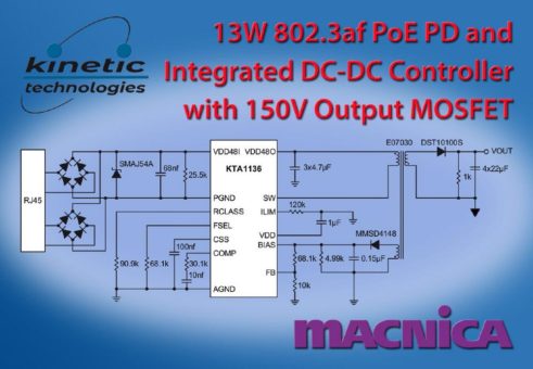 Kinetic Technologies kündigt-13Watt Powered-Device- und DC/DC-Controller mit integriertem 150V Ausgangs-MOSFET für platzsparende Power-over-Ethernet-Lösungen an