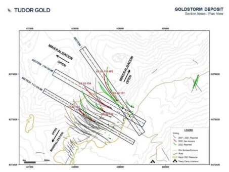 TUDOR GOLD bohrt 59,53 g/t Gold Eq über 1,50 Meter beim 350 Meter Step-Out Bohrloch (vorläufige Ergebnisse von GS-22-151-W1) und 2,02 g/t Gold Eq über 180,0 Meter einschließlich einem Intervall mit 3,18 g/t Gold Eq über 93 Meter beim In-Fill Bohrloch GS-2