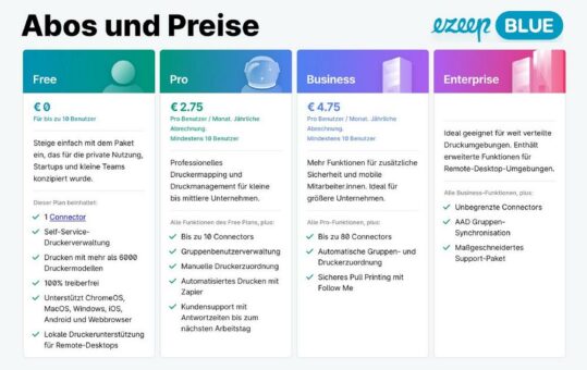 ezeep Blue bietet kostenloses Cloudprinting für bis zu zehnköpfige Teams