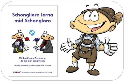 Jonglier-Anleitung in bayerischer Sprache und Jonglierbälle in passenden Farben (fränkisch oder bayerisch)