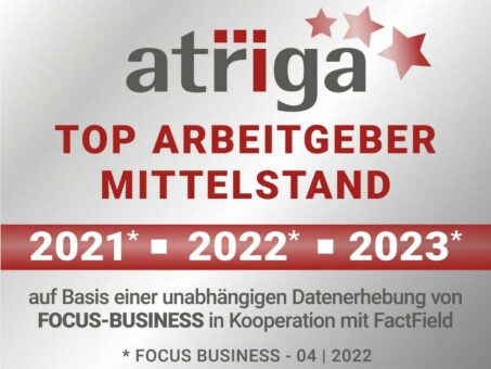 Focus Business zeichnet aus: atriga zum dritten Mal in Folge TOP ARBEITGEBER MITTELSTAND