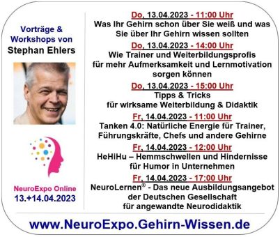 Stephan Ehlers täglich LIVE mit 3 Vorträgen/Workshops auf der NeuroExpo Online am 13./14.4.2023