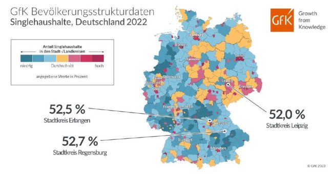 Bild des Monats: GfK Bevölkerungsstrukturdaten, Singlehaushalte, Deutschland 2022