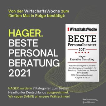 Hager wiederholt von der WirtschaftsWoche als Deutschlands BESTE PERSONALBERATUNG 2021 ausgezeichnet