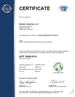 Keine Kompromisse in Sachen Qualität: Alle drei globalen Produktionsstandorte von PLEXIGLAS® und ACRYLITE® Formmassen erfolgreich gemäß IATF 16949:2016 zertifiziert