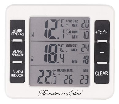 Rosenstein & Söhne Digitales Funk-Kühl- & Gefrierschrank-Thermometer mit Raumthermometer